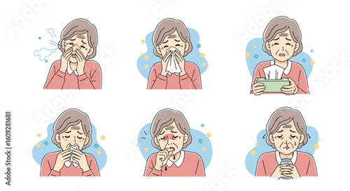 Illustrations depicting various symptoms of a common cold or allergies affecting an older individual