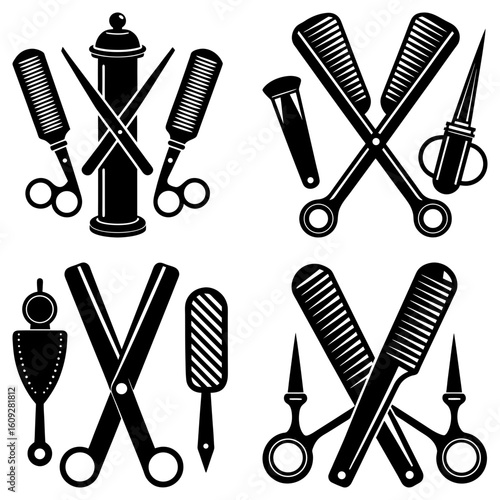 Four barbershop elements arrangement featuring scissors combs and other barber tools in black and white