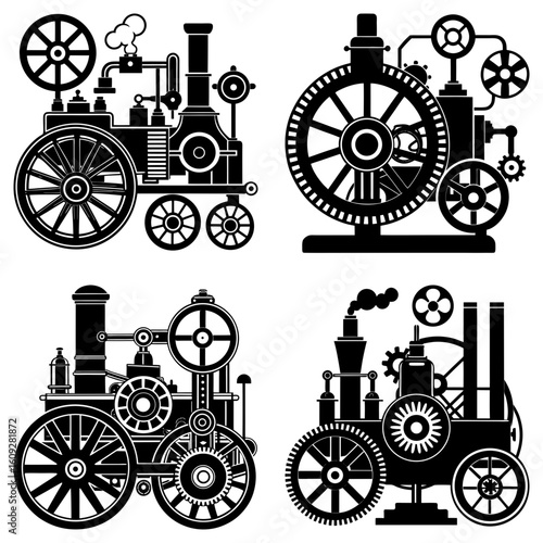 Illustration of four vintage steam engines with intricate gears and wheel designs in black and white style