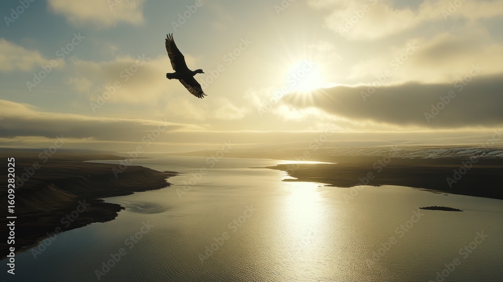 Fototapeta premium A bird soars above a tranquil lake at golden hour.