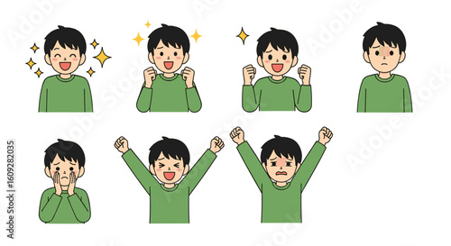 Happy young man expressing joy excitement enthusiasm and celebration with wide smiles and raised arms