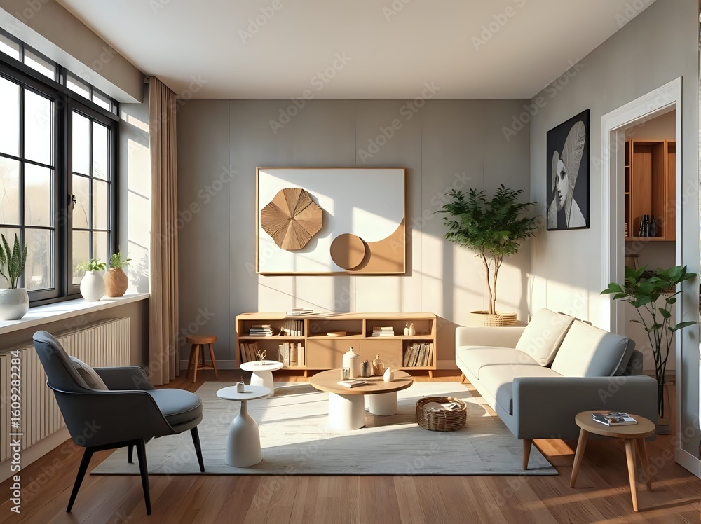 Fototapeta premium 3d japandi studio apartment interior, earthy minimal decor, geometric wall art, space-saving furniture, clean neutral colors, compact design
