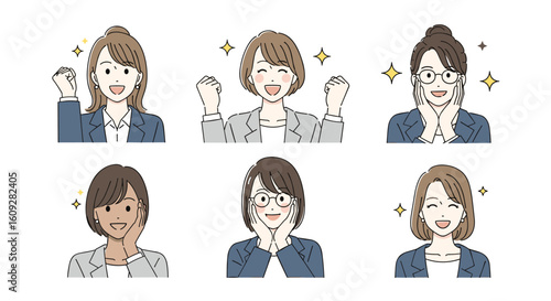 Collection of diverse women expressing joy and achievement with sparkle accents