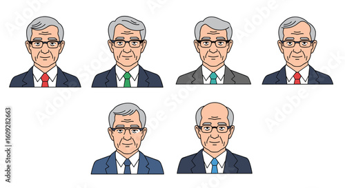 Set of senior business professionals showing diverse attire and facial expressions pixel art style
