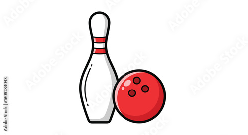 Classic bowling pin and red ball sport equipment illustration for recreation and entertainment