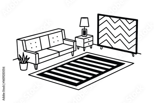 Modern Retro Living Room With Patterned Rug And Vintage Decor
