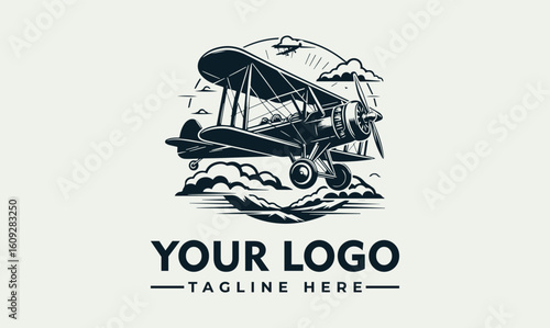 Illustration of a biplane flying through clouds with a sunburst in the background.