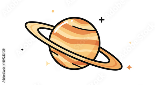 Saturn ringed planet celestial body in outer space with stars and glowing dust particles