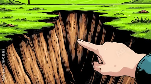 Illustrated chasm edge with green grass and pointing finger, hand at lower right