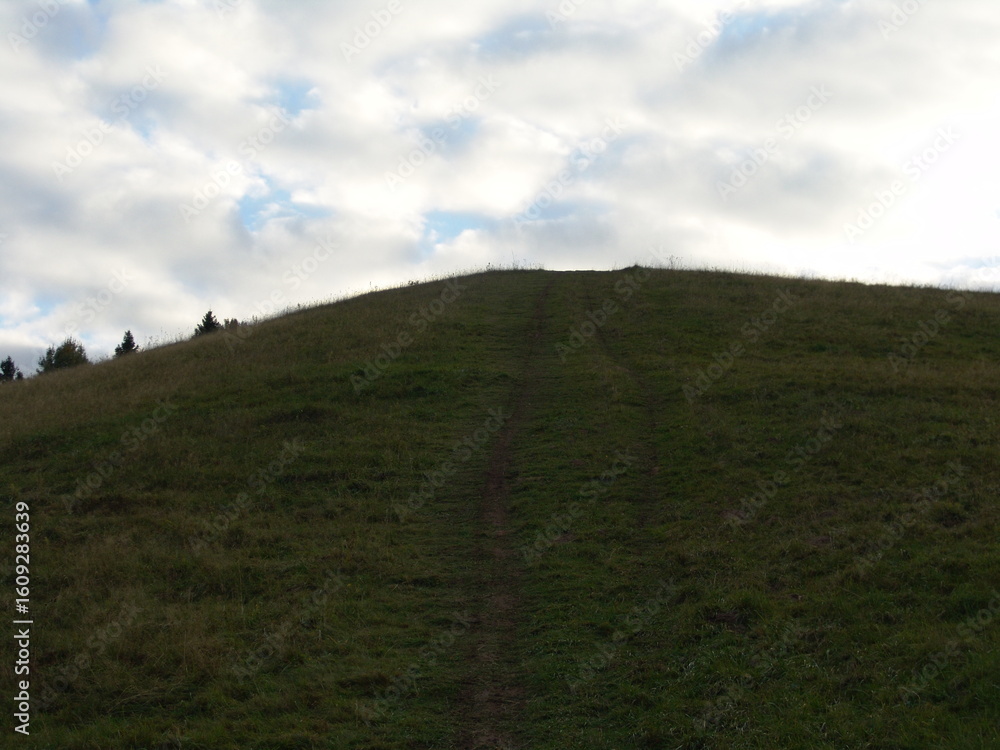 Obraz premium Grassy hill with a dirt path leading to the horizon under a partly cloudy sky. A peaceful countryside landscape ideal for nature and outdoor themes.