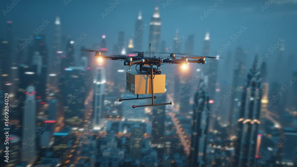Drone Delivery over the City: A drone carries a package swiftly through the urban landscape, highlighting the future of transportation and logistics. the cityscape background. Drone Delivery over the City: A drone carries a package swiftly through the urban landscape, highlighting the future of transportation and logistics. the cityscape background.