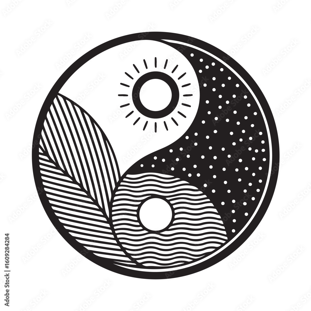 Yin Yang Silhouette Icon with Sun and Moon Elements for Balance and Harmony Yin Yang Silhouette Icon with Sun and Moon Elements for Balance and Harmony