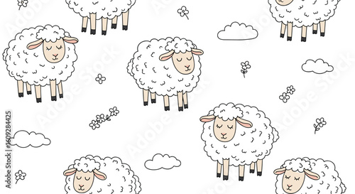 Cute fluffy sheep and clouds pattern for nursery and kids design