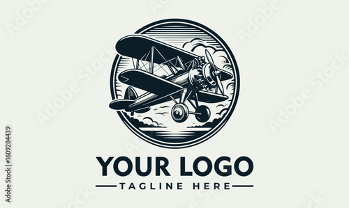 Vintage biplane flying through clouds, presented in a circular emblem style, with space for a logo and tagline.