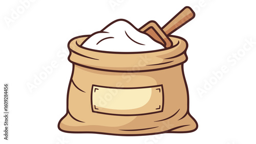 Cartoon burlap sack filled with white powder and wooden scoop flour