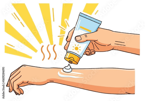 A person applying sunscreen from a tube onto their arm, with sun rays.