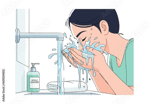 A young person washes their face at a sink, water splashing around.