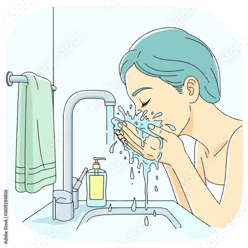 A woman washes her face over a sink in a bathroom, with water splashing.