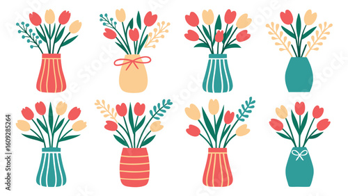Collection of eight charming hand drawn style floral arrangements in vases flowers tulips