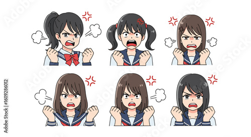 Six anime schoolgirls showing anger expressions pixel art style with steam coming out of their heads