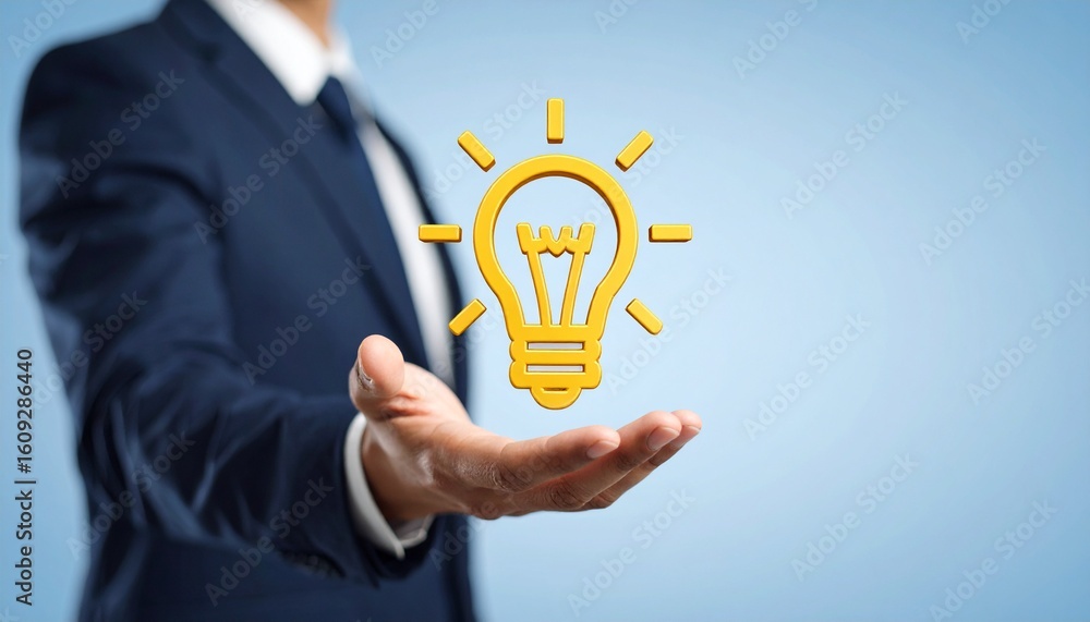 3D scene with a lightbulb-shaped idea icon floating above the hand of a blurred man in a suit 3D scene with a lightbulb-shaped idea icon floating above the hand of a blurred man in a suit