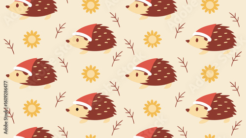 Cute hedgehog wearing santa hat seamless pattern with flowers and branches animal