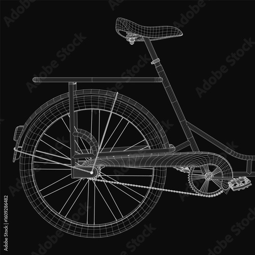 A wireframe bicycle model displays intricate 3D design details on a sleek black background. The transparent structure highlights the frame, wheels, and mechanical components. Perfect for tech, design.