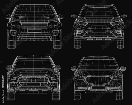 A 3D wireframe model of a cars showcases the car's sleek design and structural details on a black background. The set highlights the vehicle's contours, wheels, and futuristic features.