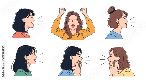Illustrations of diverse women communicating and expressing emotions with speech bubbles showing their voices in various poses