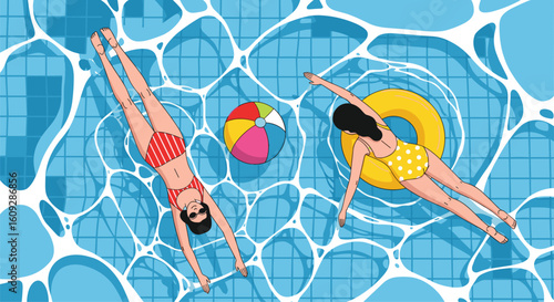 Two women enjoying a summer day swimming and relaxing in a bright blue swimming pool with a colorful beach ball and a yellow inflatable ring floating nearby on the water