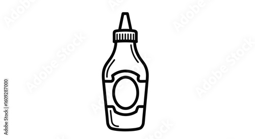 A simple line drawing of a squeeze bottle containing mustard or ketchup with a label on the front and a black cap on top