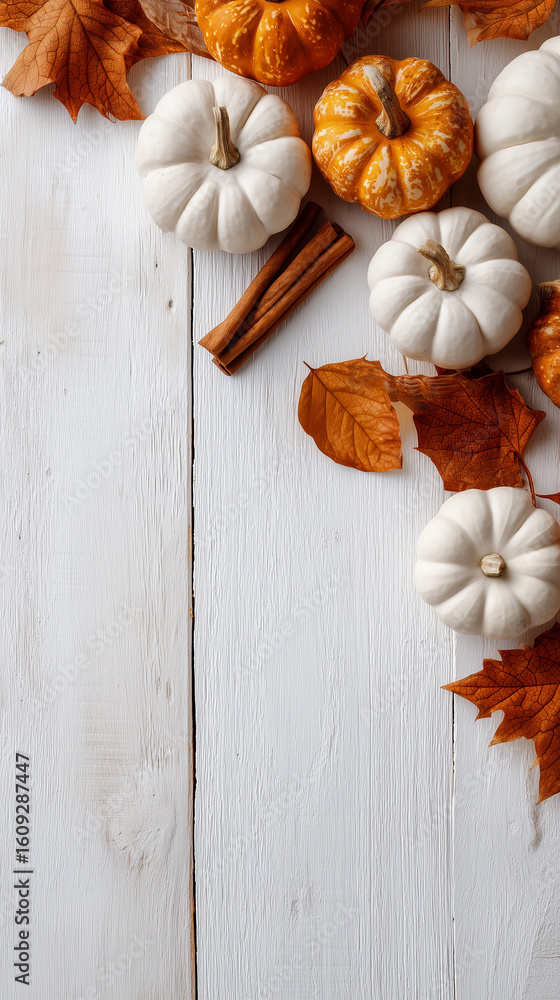 Fototapeta premium Autumnal vertical background template with pumpkins leaves and copy space area