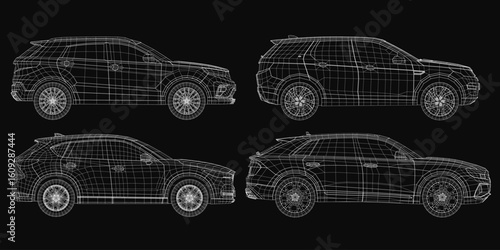 A 3D wireframe model of an cars stands on a black background, showcasing detailed headlights, grille, and wheels. The clean lines highlight the car's sleek design and modern engineering.