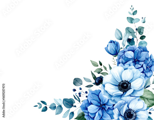 Floral Corner Border Blue, navy, teal Watercolor Flowers Hydrangeas, anemones, eucaly png