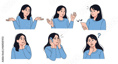Diverse emotional expressions of a young woman displaying various feelings and reactions