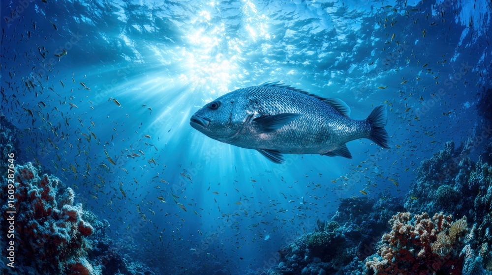 Fototapeta premium Majestic Underwater Realm: A Lone Fish in Sunlit Coral Reef