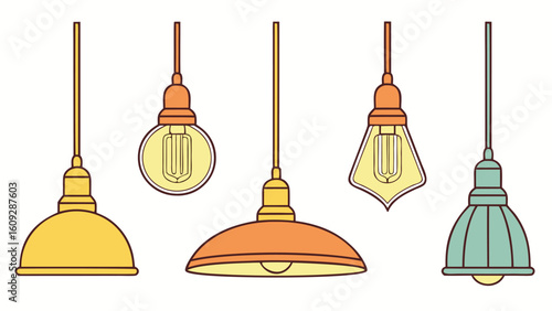 Five diverse vintage style hanging light fixtures with filament bulbs retro
