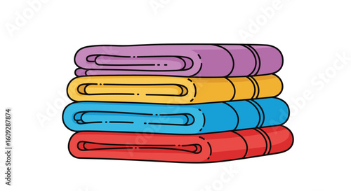 A stack of neatly folded bath towels in vibrant colors including red blue yellow and purple displayed against a white background