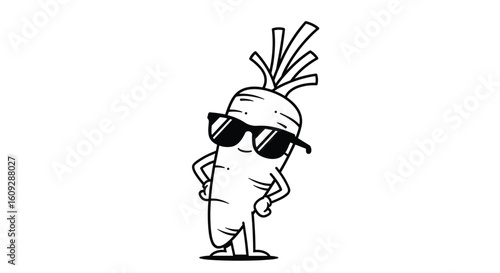A cool carrot character wearing sunglasses and standing confidently with hands on hips