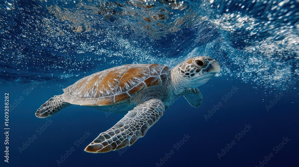 Fototapeta premium Underwater Grace: A Sea Turtle's Serene Journey