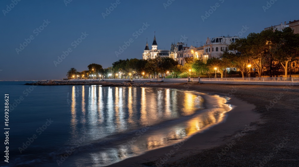 Obraz premium night scene at imaginary Madrid beach, soft lights along the shore, reflections in gentle waves, silhouettes of historic buildings, quiet sea breeze