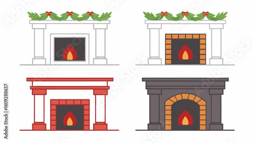 Four stylized fireplaces with flames and festive garlands hearth heat