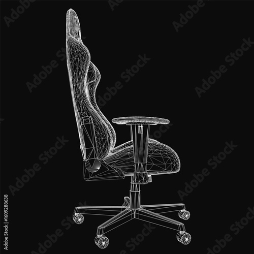 Ergonomic gaming chair with sleek wireframe design, high backrest, and padded armrests for optimal comfort. The 3D model features a supportive cushion and premium materials on a black background.