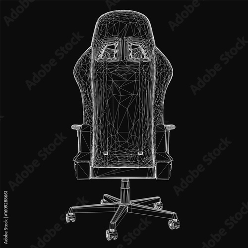 A black and white wireframe gaming chair features a sleek modern design with curved backrest and armrests. The high backrest includes padded seating and four wheels for mobility.
