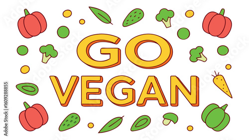 Go Vegan text with colorful vegetables and fruits lettering typography