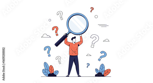 Man with magnifying glass looking for answers surrounded by question marks and abstract plants symbolizing search for knowledge and understanding