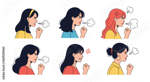 Diverse women expressing anger frustration and aggression through pixelated expressions and gestures