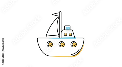A delightful cartoon illustration of a small sailboat with a flag on its mast and windows on its cabin sailing on the water