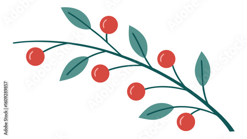 Minimalist flat illustration of a dark teal branch with red berries and teal leaves berry leaf