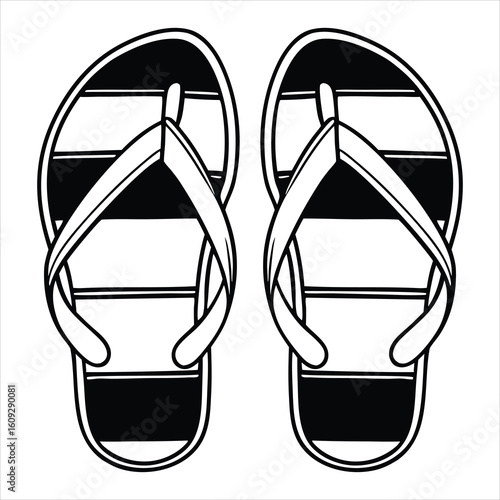 Black and white vector illustration of a pair of casual shoes and flip flops